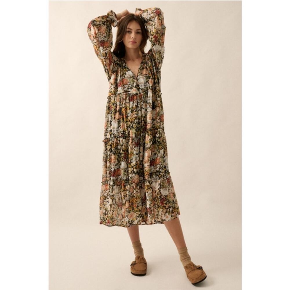 Promesa Black Size Small Floral V-Neck Chiffon Midi Dress